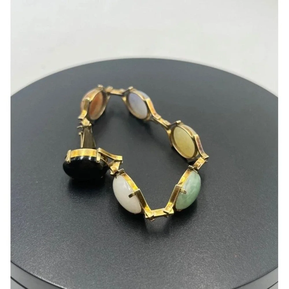14K Gold Clasp Jade‎ Multi Color Jadeite Stone Cabochon Vintage 10-12k Bracelet